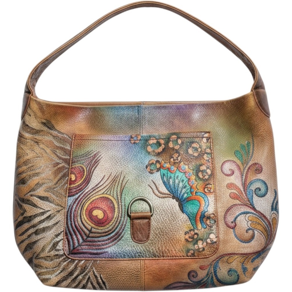 Anuschka Hand Painted Leather‎ Hobo Bag Peacock Butterfly Floral Distressed